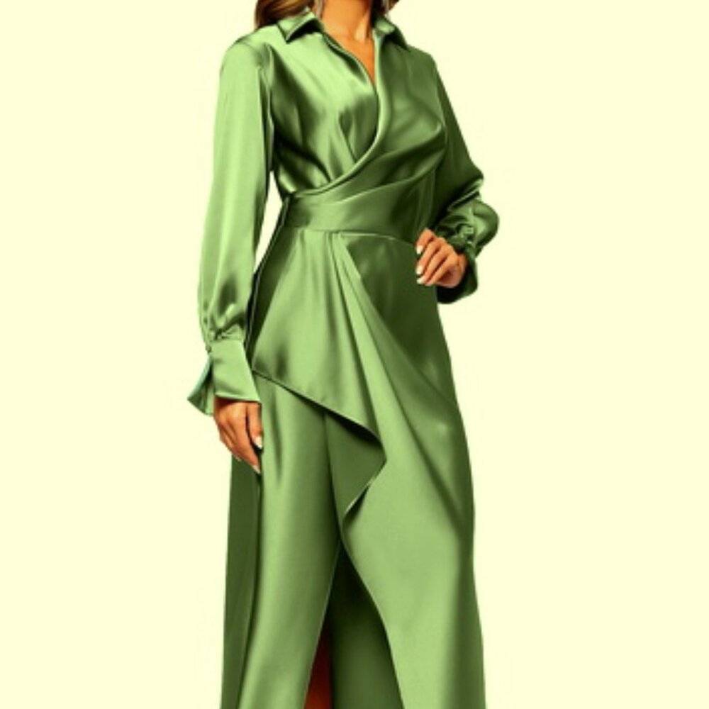 Xscape Olive Green Collar Long Sleeve Satin Gown Dress - Picture 3 of 6